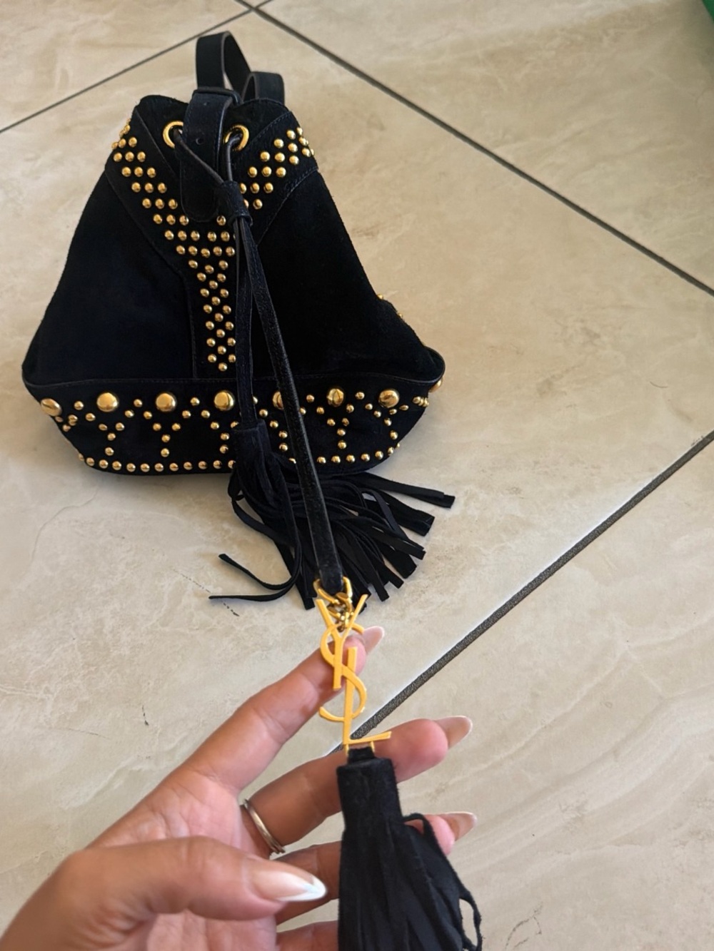 Saint Laurent Black Suede Mini Bucket Bag with Gold YSL Tassel
